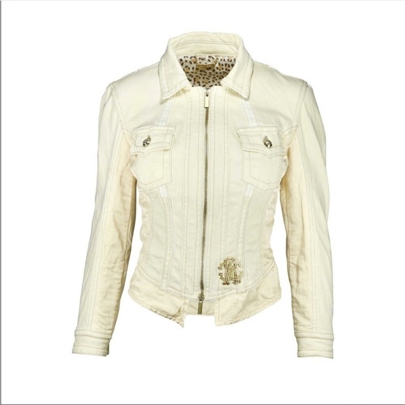 VTG Roberto Cavalli Denim & Silk Panelling Jean Jacket w Zipper Gold Logo Sz 42 - Picture 1 of 16